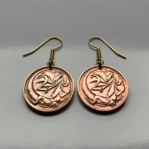 Australia 2 Cents coin earrings jewelry Frill-necked lizard reptile Sydney Melbourne Perth Canberra Brisbane Adelaide Darwin Queensland Victoria Frilled Dragon bicycle lizard Hobart Tasmania Southern Cross Oceania Iguana e000241