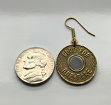 USA NYC 1986-1989 New York City Subway transit token coin earrings Manhattan Brooklyn Bronx Queens E F R trains railroad transportation e000251