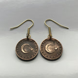 1960's Turkey 5 Kurus coin earrings crescent moon star Istanbul Levent Mardin Antalya Canakkale Troy Trabzon Anatolia Göreme Urfa e000265