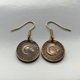 1960's Turkey 5 Kurus coin earrings crescent moon star Istanbul Levent Mardin Antalya Canakkale Troy Trabzon Anatolia Göreme Urfa e000265