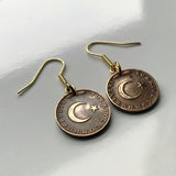 1960's Turkey 5 Kurus coin earrings crescent moon star Istanbul Levent Mardin Antalya Canakkale Troy Trabzon Anatolia Göreme Urfa e000265