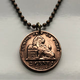 1909 Belgium 2 Centimes coin pendant necklace Belgian lion Brussels Antwerp Bruges Ghent Liège Mons Flanders Flemish Hasselt Kortrijk Ostend Ypres Dinant Ardennes n003230
