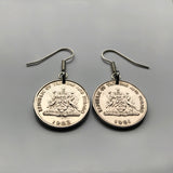 Trinidad & Tobago 25 Cents coin earrings Scarlet Ibis Cocrico Chaconia flower Point Fortin Diego Martin Rapso Trinbagonian caribbean e000029