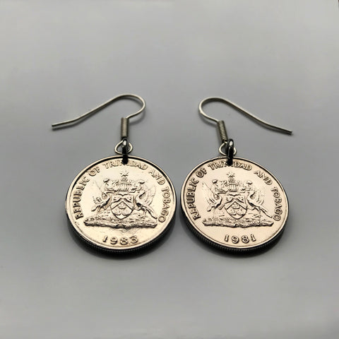 Trinidad & Tobago 25 Cents coin earrings Scarlet Ibis Cocrico Chaconia flower Point Fortin Diego Martin Rapso Trinbagonian caribbean e000029