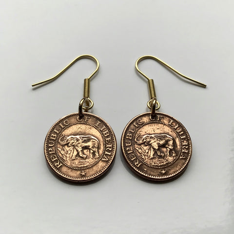 Liberia 1 Cent coin earrings African elephant Monrovia Gbarnga Buchanan Ganta Kakata Zwedru Bong Lofa Harper Pleebo Foya Klao Mano Grebo Cape Kru Mesurado safari e000308