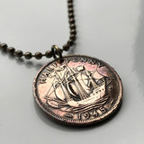 1967 United Kingdom 1/2 Penny coin pendant Golden Hind ship British galleon Great Britain Manchester English England London n000009