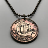 1967 United Kingdom 1/2 Penny coin pendant Golden Hind ship British galleon Great Britain Manchester English England London n000009