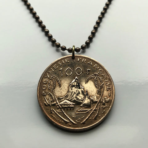 1984 French Polynesia Tahiti 100 Francs coin pendant necklace keychain key ring jewelry Morea Harbour Cook's Bay Huahine South Pacific Maori tiki Papeete Maohis charm n002929
