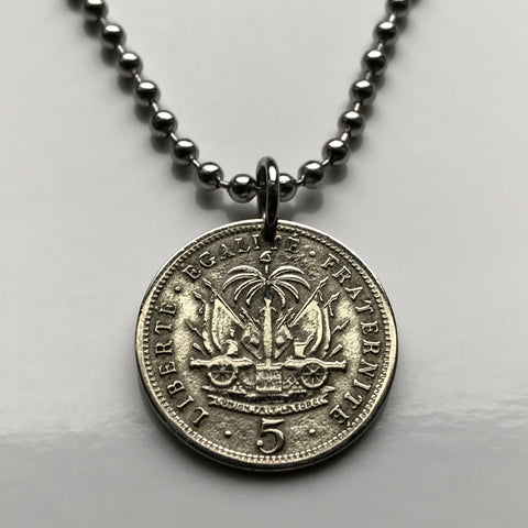 1905 Haiti 5 Centimes coin pendant Haitian Port-au-Prince flags caribbean island coat of arms Hispaniola French Creole France n001357