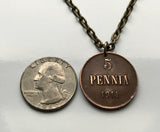 1898 Grand Duchy of Finland Suomi 5 Pennia coin pendant necklace jewelry Finnish initial N Helsinki Finnic Kuopio Kouvola Mikkeli Lahti Scandinavia n001106