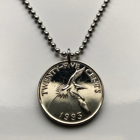 Bermuda 25 Cents coin pendant necklace jewelry Bermudian Longtail bird Hamilton White-tailed Tropicbird tropical island caribbean beach n000225