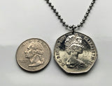 1976 United Kingdom 50 Pence coin pendant necklace keychain British lion Britannia seated Britons Celtic Ireland Wales Scotland English UK Brit n002389