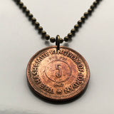 1949 Jordan 5 Fils coin pendant necklace jewelry Royal Hashemite Crown Amman Petra Zarqa Irbid Russeifa Al Quwaysimah Transjordan Al-Khazneh Wadi Rum Jerash Qusayr 'Amra Madaba Hashim Tilā' al-'Alī n001654