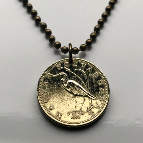 Hungary Magyar 5 Forint coin pendant necklace jewelry Hungarian crane bird great white heron Fertőd Csárdás dance Széchenyi Chain Bridge Danube n000396