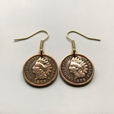 USA coin earrings Native American Indian Head 1 Cent First Nations Chief Tribal feathered headdress War bonnet Great Plains Civil War Navajo Cherokee Choctaw Chippewa Sioux Apache Blackfeet Creek Iroquois Lumbee Pueblo Chickasaw Yup'ik Potawatomi e000171