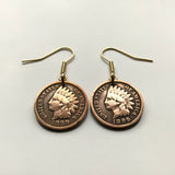 USA coin earrings Native American Indian Head 1 Cent First Nations Chief Tribal feathered headdress War bonnet Great Plains Civil War Navajo Cherokee Choctaw Chippewa Sioux Apache Blackfeet Creek Iroquois Lumbee Pueblo Chickasaw Yup'ik Potawatomi e000171