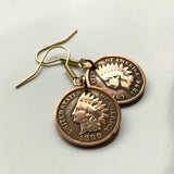 USA coin earrings Native American Indian Head 1 Cent First Nations Chief Tribal feathered headdress War bonnet Great Plains Civil War Navajo Cherokee Choctaw Chippewa Sioux Apache Blackfeet Creek Iroquois Lumbee Pueblo Chickasaw Yup'ik Potawatomi e000171