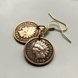 USA coin earrings Native American Indian Head 1 Cent First Nations Chief Tribal feathered headdress War bonnet Great Plains Civil War Navajo Cherokee Choctaw Chippewa Sioux Apache Blackfeet Creek Iroquois Lumbee Pueblo Chickasaw Yup'ik Potawatomi e000171