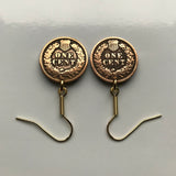 USA coin earrings Native American Indian Head 1 Cent First Nations Chief Tribal feathered headdress War bonnet Great Plains Civil War Navajo Cherokee Choctaw Chippewa Sioux Apache Blackfeet Creek Iroquois Lumbee Pueblo Chickasaw Yup'ik Potawatomi e000171