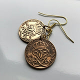 Sweden Sverige 2 Ore coin earrings Swedish crown Tre Kroner initial G Stockholm Malmö Gothenburg Örebro Gotaland Nordic Scandinavia Vikings Västerås Helsingborg Norrköping Smolandia Norsemen e000278