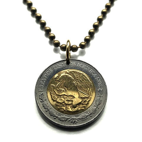 Mexico 1 Peso coin pendant necklace jewelry Mexican eagle Sun Stone Aztec calendar Anillo del Resplandor Piedra del Sol Ecatepec Puebla Juárez Tijuana León Monterrey Culiacán Jalisco Cancun Chihuahua n001570