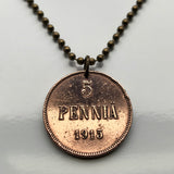 1898 Grand Duchy of Finland Suomi 5 Pennia coin pendant necklace jewelry Finnish initial N Helsinki Finnic Kuopio Kouvola Mikkeli Lahti Scandinavia n001106