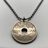 1917 Egypt 10 Millieme coin pendant necklace Egyptian jewelry Cairo Thebes Asyut Africa Nile Great Sphinx Suez Sinai Ottoman Eagle of Saladin n002341
