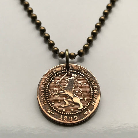 1884 Netherlands Nederland 1 Cent coin pendant necklace jewelry Dutch lion Amsterdam Utrecht Groningen Almere Stad Breda Nijmegen Gouda Muiden n000445