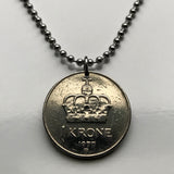 Norway Norge Noreg 1 Krone coin pendant necklace jewelry Norwegian crown Oslo Bergen Nynorsk Bokmål Stavanger Sandnes Nordic Scandinavian king queen Lillehammer Drammen Fredrikstad/Sarpsborg Hordaland Sami Norsemen Viking Trondheim Den norske løve n000173