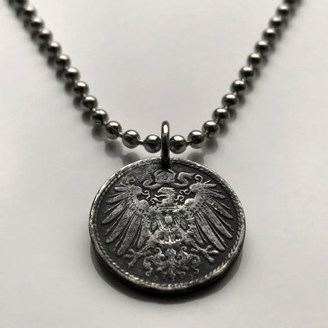 1915 Germany Deutschland 5 Pfennig coin pendant German eagle Berlin Hamburg Düsseldorf Dortmund Essen Leipzig Bremen Dresden Saxony World War 1 n000283