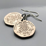1989 England United Kingdom Great Britain UK 20 Pence coin earrings jewelry English crown Tudor Rose Lancaster York Somerset Bath Taunton War of the Roses British London Manchester Sheffield Liverpool Leeds e000035