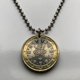 2010 Portugal 1 Euro coin pendant 1144 Afonso Henriques royal seal Quinas castles Lisboa Oporto Guimarães Sintra Braga Coimbra Évora Faro Santa Maria de Belém Aveiro Ourique Mirandese Vila Nova de Gaia Ponta Delgada Lagos Fatima Algarve n002709