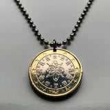 2010 Portugal 1 Euro coin pendant 1144 Afonso Henriques royal seal Quinas castles Lisboa Oporto Guimarães Sintra Braga Coimbra Évora Faro Santa Maria de Belém Aveiro Ourique Mirandese Vila Nova de Gaia Ponta Delgada Lagos Fatima Algarve n002709