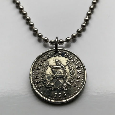 1991 Guatemala 10 Centavos coin pendant necklace resplendent quetzal bird Quiriguá Maya Pillar ruin Huehuetenango K’iche' Escuintla Jutiapa Petapa Tikal n000987