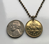 1979 Barbados 5 Cent coin pendant necklace jewelry Barbadian Bridgetown trident dolphin fish pelican South Point Lighthouse beach n000099