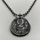 1943 Denmark Danmark 2 Ore coin pendant necklace jewelry World War 2 era German Nazi occupation Danish crown initial CX Danskere Copenhagen Danes Jutland Vikings Norsemen Aarhus Odense Aalborg Scandinavian Nordic Faroese Aalborg Esbjerg Roskilde n002967