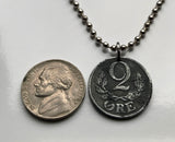 1943 Denmark Danmark 2 Ore coin pendant necklace jewelry World War 2 era German Nazi occupation Danish crown initial CX Danskere Copenhagen Danes Jutland Vikings Norsemen Aarhus Odense Aalborg Scandinavian Nordic Faroese Aalborg Esbjerg Roskilde n002967