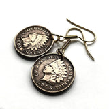 USA coin earrings Native American Indian Head 1 Cent First Nations Chief Tribal feathered headdress War bonnet Great Plains Civil War Navajo Cherokee Choctaw Chippewa Sioux Apache Blackfeet Creek Iroquois Lumbee Pueblo Chickasaw Yup'ik Potawatomi e000171