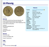 1969 East Germany Deutschland 20 Pfennig coin pendant German Democratic Republic Berlin wall Dresden Leipzig Cold War Soviet Occupation Munich Bonn Hanover Dortmund Bremen Bavaria Eastern Bloc n000359
