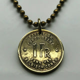 1944 Belgian Congo Zaire 1 Franc coin pendant African elephant Kinshasa Bantu Kiswahili Bukavu Tshikapa Kolwezi Masina Ituri n000848