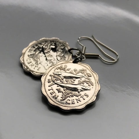 Bahamas Island 10 Cents coin earrings jewelry bonefish fishes fishing Nassau Andros Exuma & Cays tropical fruit Cat Island Rum Cay Cable Beach e000300