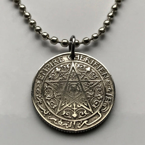 1921 Morocco Maroc 50 Centimes coin pendant necklace jewelry charm pentagram Rabat Fez Maghrebi Arabic abjad Derdja Berber moors Africa Barbary Islam Hassaniya amulet n001402