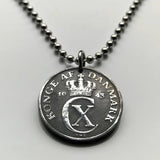 1943 Denmark Danmark 2 Ore coin pendant necklace jewelry World War 2 era German Nazi occupation Danish crown initial CX Danskere Copenhagen Danes Jutland Vikings Norsemen Aarhus Odense Aalborg Scandinavian Nordic Faroese Aalborg Esbjerg Roskilde n002967