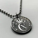 1943 Denmark Danmark 2 Ore coin pendant necklace jewelry World War 2 era German Nazi occupation Danish crown initial CX Danskere Copenhagen Danes Jutland Vikings Norsemen Aarhus Odense Aalborg Scandinavian Nordic Faroese Aalborg Esbjerg Roskilde n002967