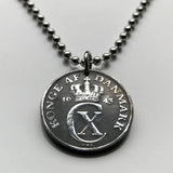 1943 Denmark Danmark 2 Ore coin pendant necklace jewelry World War 2 era German Nazi occupation Danish crown initial CX Danskere Copenhagen Danes Jutland Vikings Norsemen Aarhus Odense Aalborg Scandinavian Nordic Faroese Aalborg Esbjerg Roskilde n002967