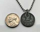 1943 Denmark Danmark 2 Ore coin pendant necklace jewelry World War 2 era German Nazi occupation Danish crown initial CX Danskere Copenhagen Danes Jutland Vikings Norsemen Aarhus Odense Aalborg Scandinavian Nordic Faroese Aalborg Esbjerg Roskilde n002967