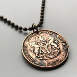 1973 Nigeria 1 Kobo coin pendant Nigerian horse eagle Abuja Lagos black shield West Africa Zuma Rock Victoria Island Harcourt Ibo n001572