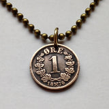 antique! 1899 Norway Norge 1 Ore coin pendant lion Den norske løve Oslo Bergen Stavanger Sandnes Trondheim Drammen Vikings Bokmål Nynorsk Scandinavian Nordic Fredrikstad Tromsø Vestre Aker Norsemen n000975