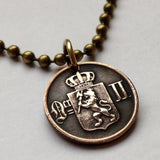 antique! 1899 Norway Norge 1 Ore coin pendant lion Den norske løve Oslo Bergen Stavanger Sandnes Trondheim Drammen Vikings Bokmål Nynorsk Scandinavian Nordic Fredrikstad Tromsø Vestre Aker Norsemen n000975