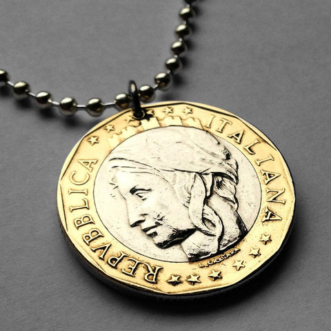 The Difference | Italian Pendant and Necklace Jewelry, Italian 500 Lira Coin  Hand cut, 14 Karat Gold and Rhodium plated, 1 1/4″ in Diameter, ( # R206 )